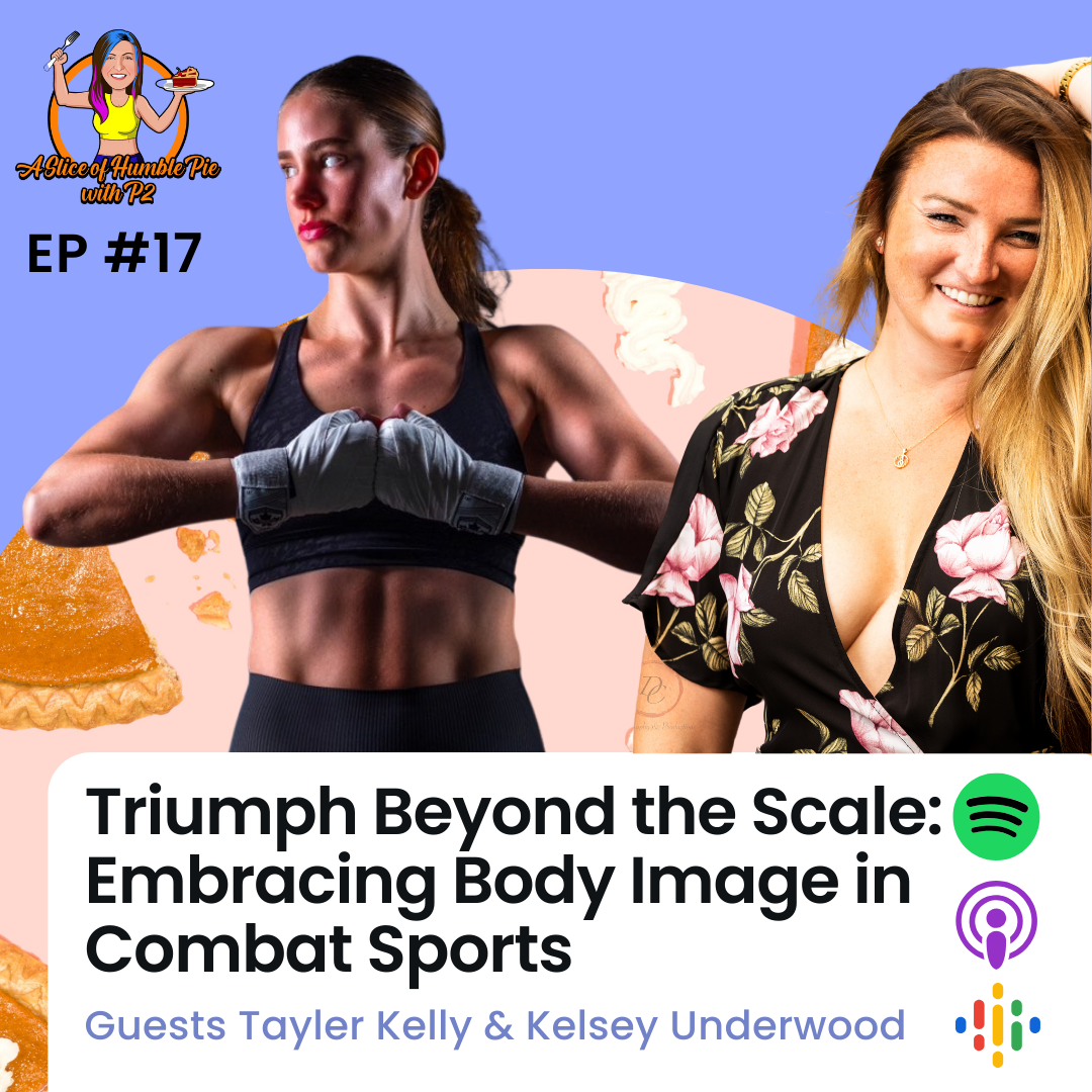 body image in combat sports, Tayler looking jacked and Kelsey looking fierce on the marketing cover of the podcast