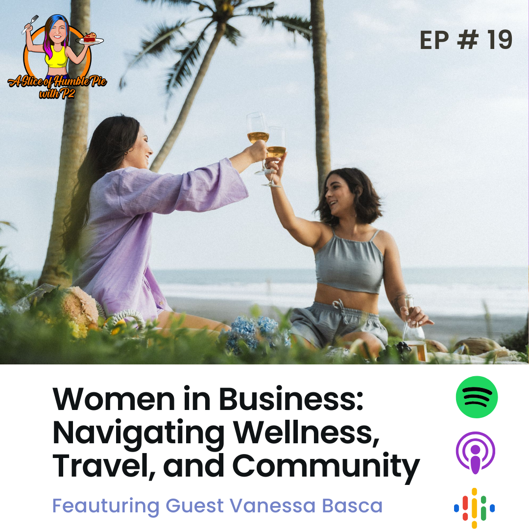 Podcast art cover showing the guest for the episode Vanessa, cheers her business partner on a beach, encouraging the lifestyle of women in business as digital nomads